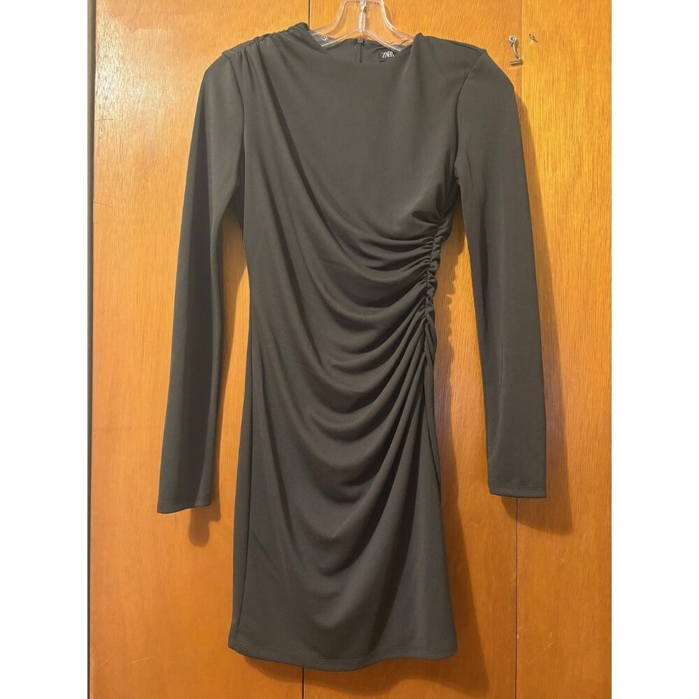 NWT ZARA KHAKI GREEN PLEATED MINI DRESS, SIZE: XS